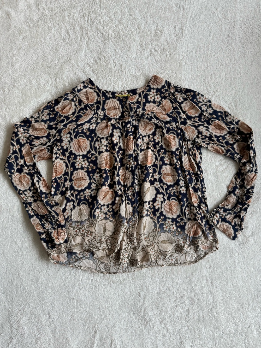 Maeve Anthropologie Floral Woodblock Blouse Navy Tan Boho S